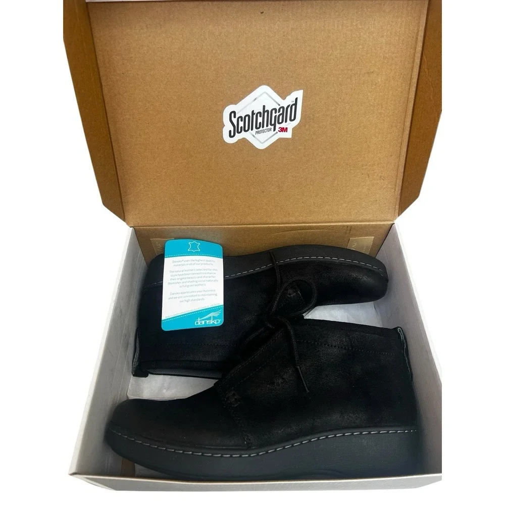 Dansko Ellen Black Leather Burnished Suede Lace-Up Booties Size 37 US 6.5-7